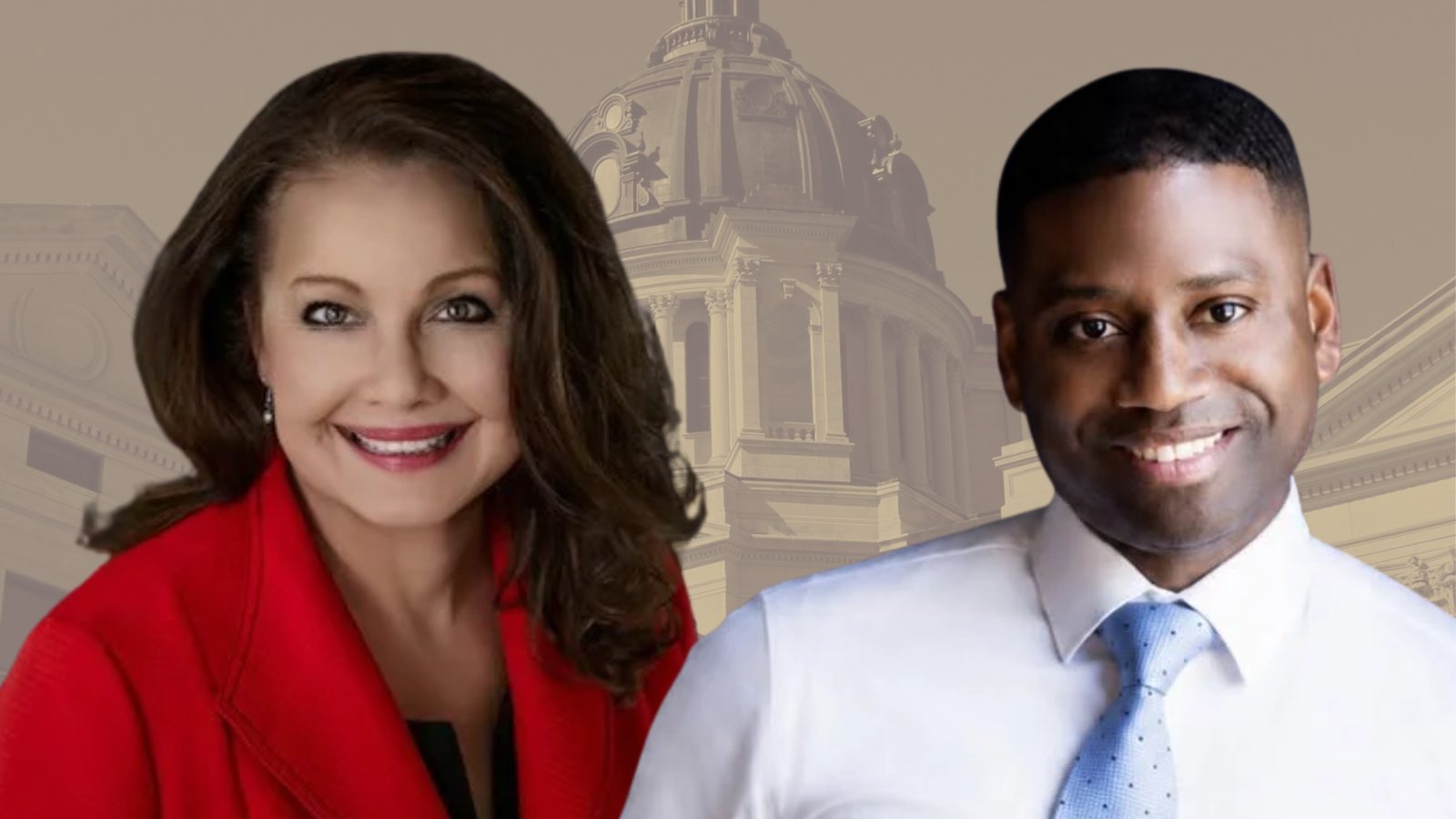 Secretary of State Monae Johnson and Terrence Davis in front of the South Dakota State Capitol